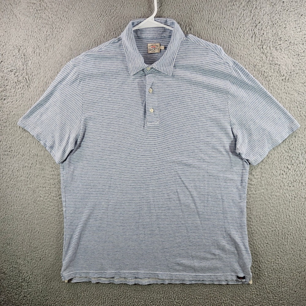 Faherty Brand Mens XL Blue White Micro Stripe Cotton Short Sleeve Polo Shirt